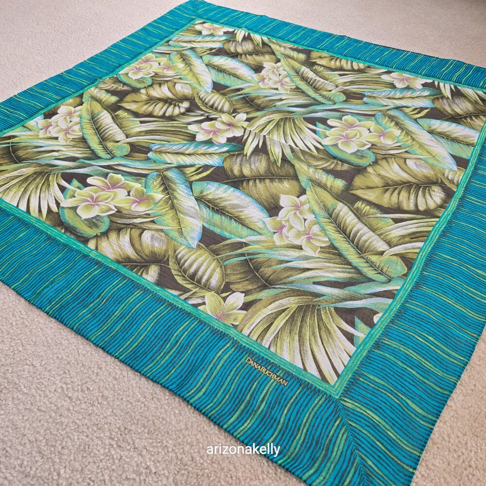 NWT Silk Scarf Hand Rolled Crepe Tropical Leaves Green Dana Buchman - Picture 5 of 12